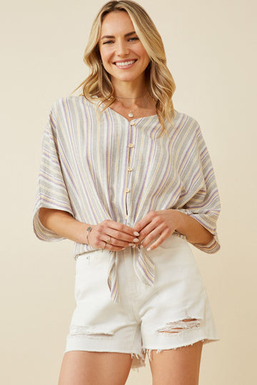 HY7014W Lavender Plus Buttoned Textured Strip Tied Dolman Top Front